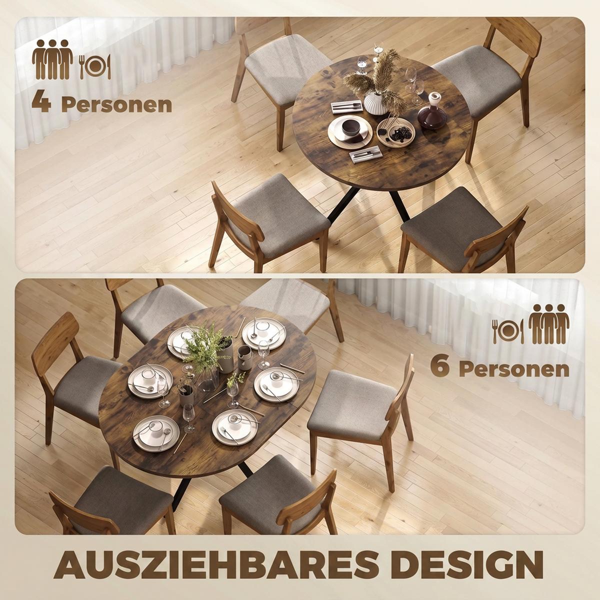 AUSZIEHBARER-ESSTISCH MDF Stahl Rustikal-Braun - Dunkelbraun/Schwarz, Holzwerkstoff/Metall (135/100/75cm) - HOMCOM