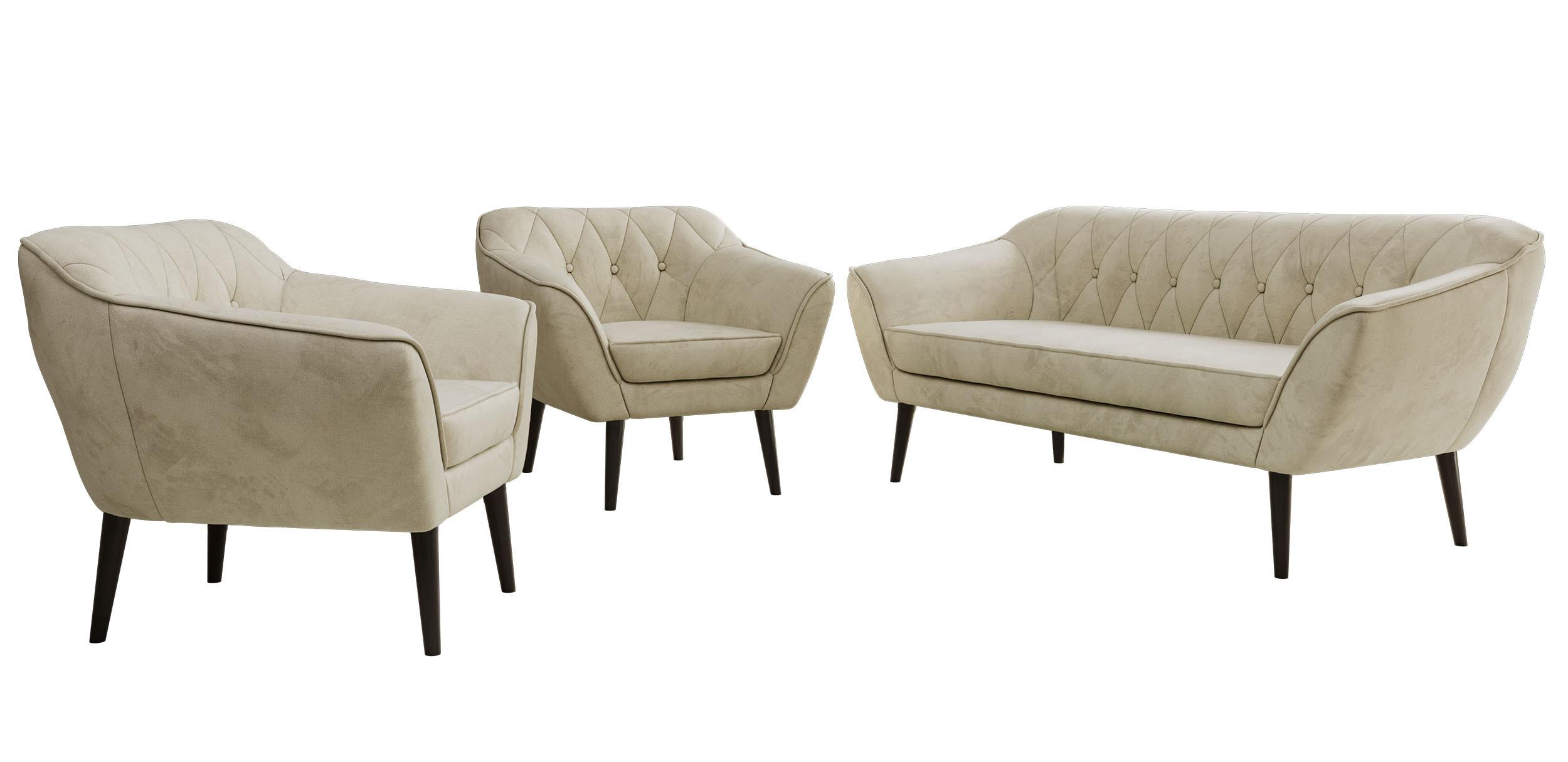 SITZGARNITUR PIRS 3+1+1 - Beige Velvet - Schwarze Beine - Beige/Schwarz, Holzwerkstoff/Textil (180/75/74cm) - MKS
