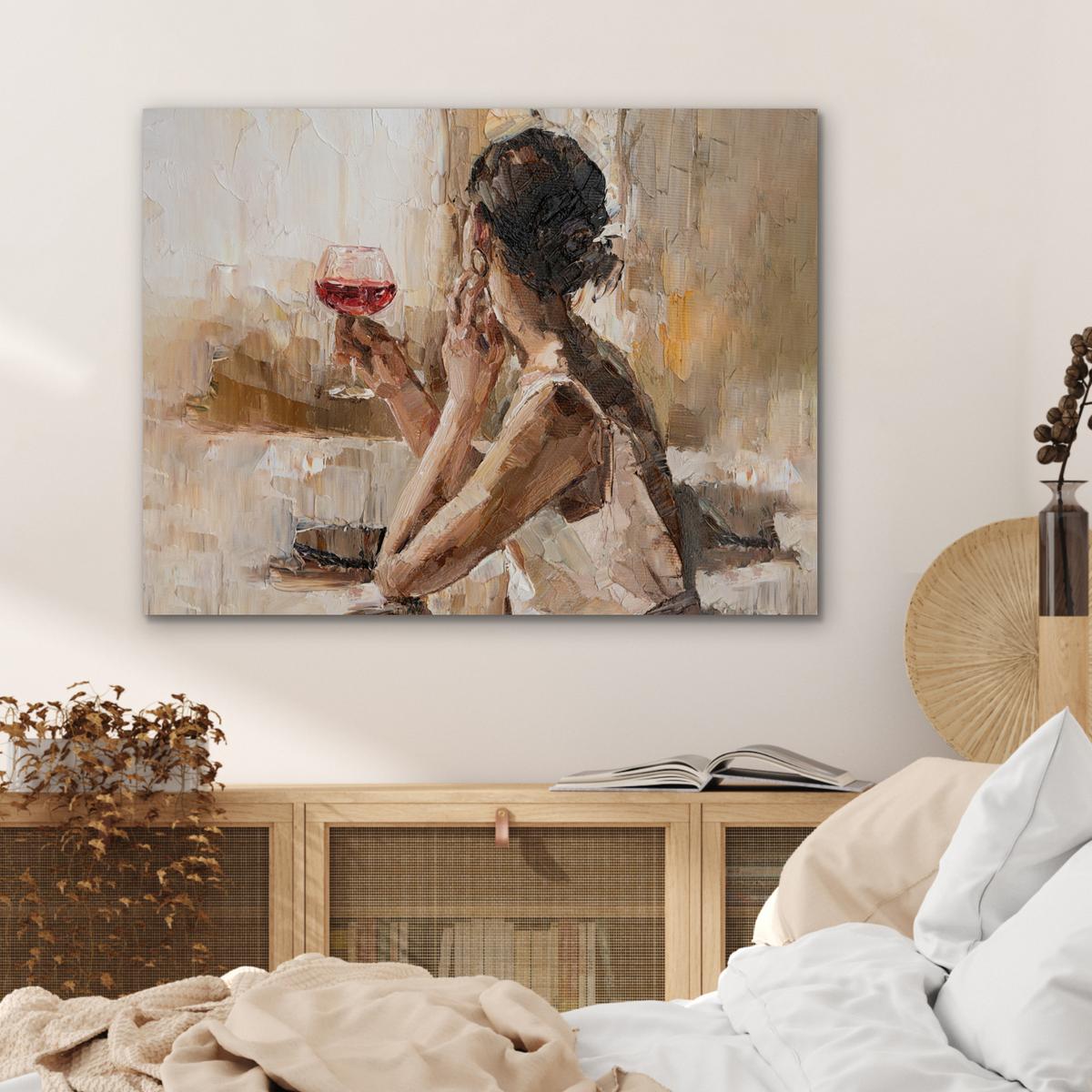METALLBILD Ölgemälde - Frau - Wein 80x60 cm - Hellbraun, Metall (80/60cm) - MuchoWow