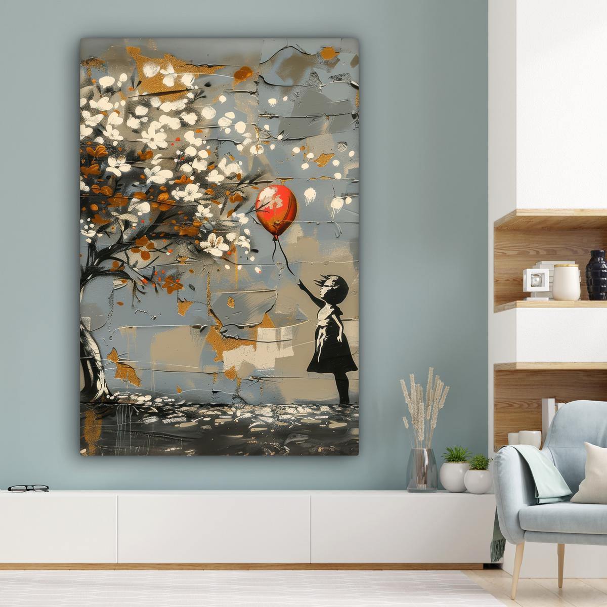 LEINWANDBILD Baum - Graffiti - Banksy-Stil - Ballon-Mädchen Deko Groß 90x140 cm - Blaugrau, Textil (90/140cm) - MuchoWow