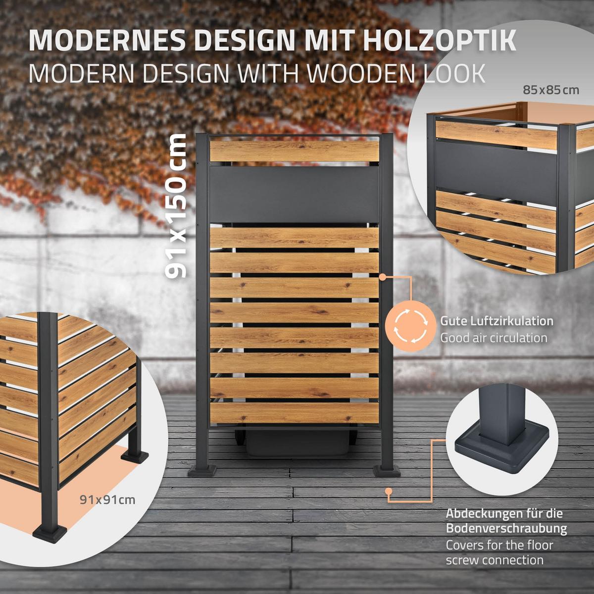 MÜLLTONNENZAUN 1er Anthrazit-Holzoptik - Anthrazit/Braun, Metall (11/150/86cm) - ML-DESIGN