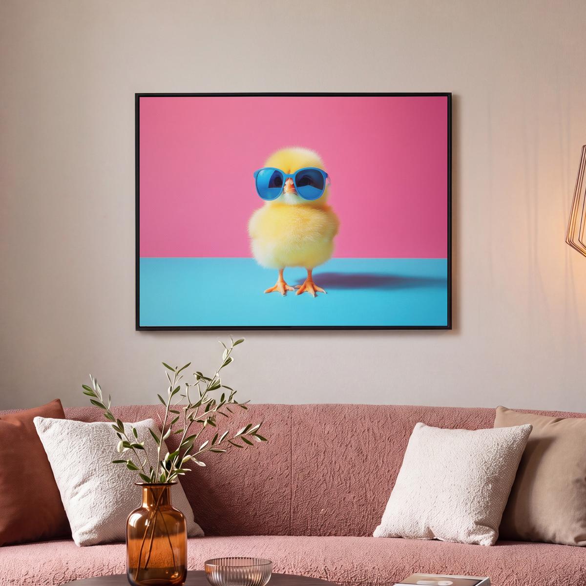 LEINWAND Bilder mit Rahmen - Chick - Sonnenbrille - Blau - 70x50 - Pink, Textil (70/50cm) - MuchoWow