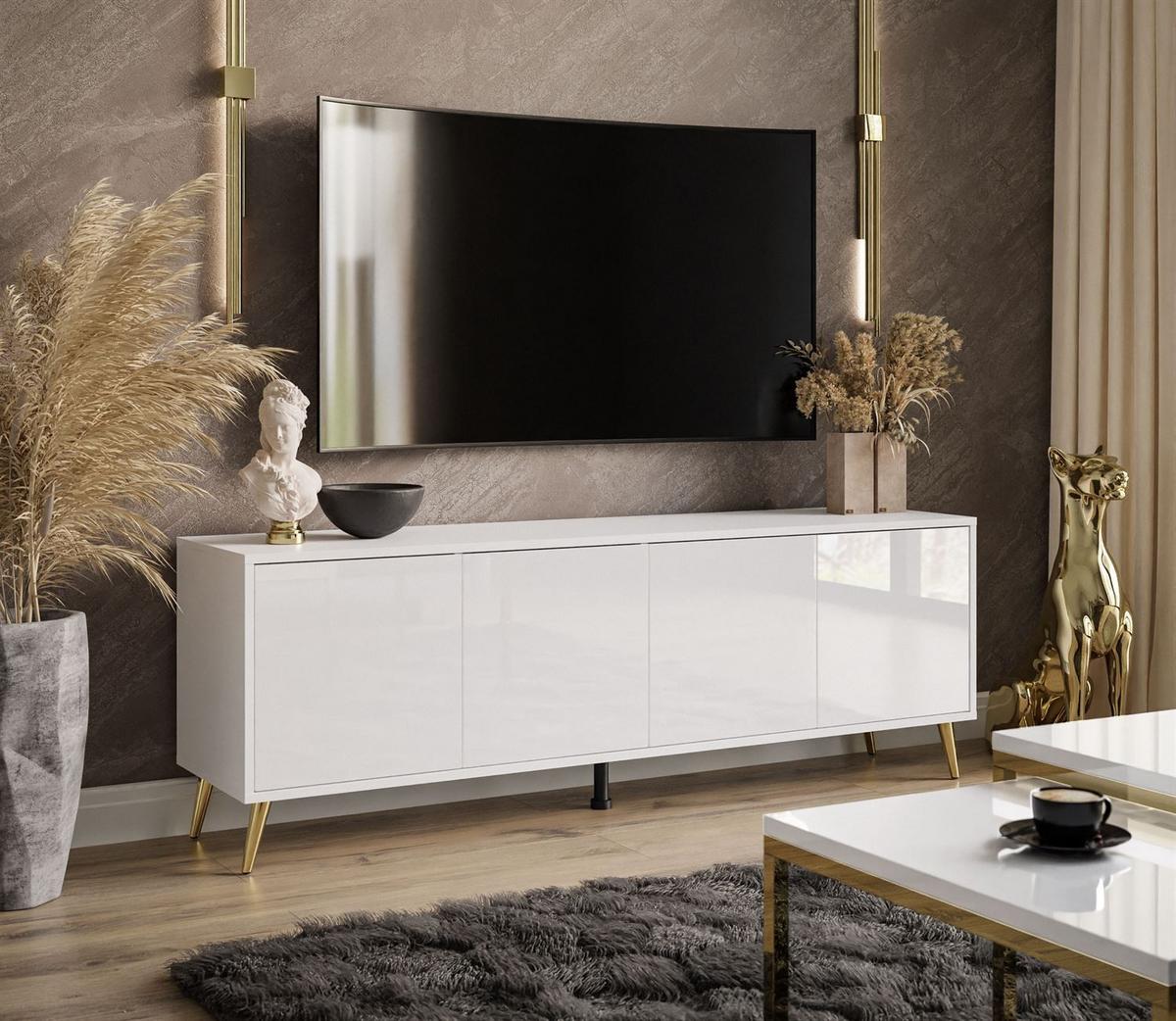 TV-ELEMENT SANAYI auf goldenen Beinen Hochglanz Weiß - Weiß Hochglanz/Goldfarben, Holzwerkstoff (156/54/38cm) - Lookway