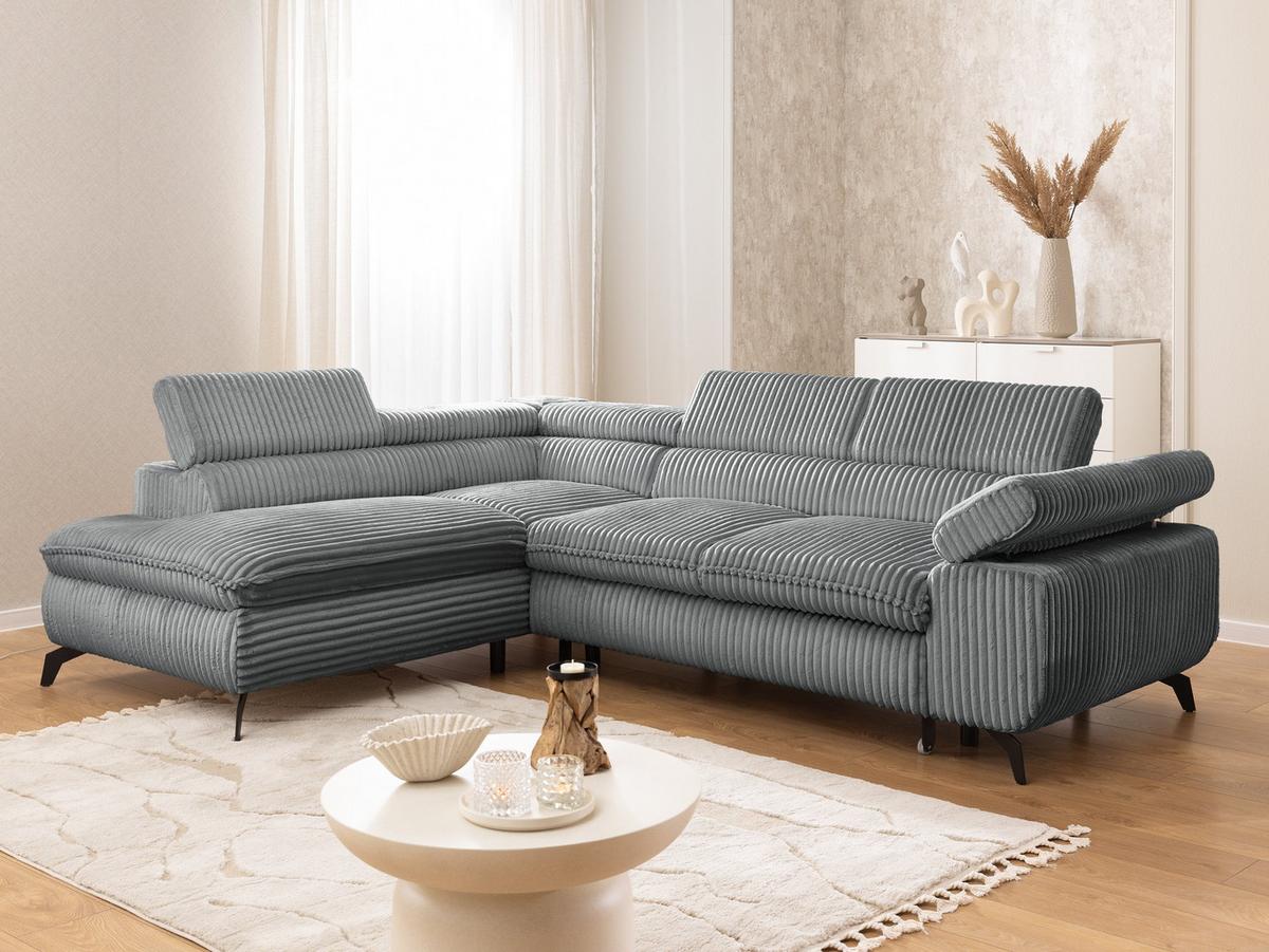 ECKSOFA mit Schlaffunktion und Bettkasten Bonnie aus Grau Cord-Stoff mit verstellbaren Kopfstützen und Armlehne - Ottomane links - Schwarz/Grau, Holz/Textil (275/210cm) - S-Style Möbel
