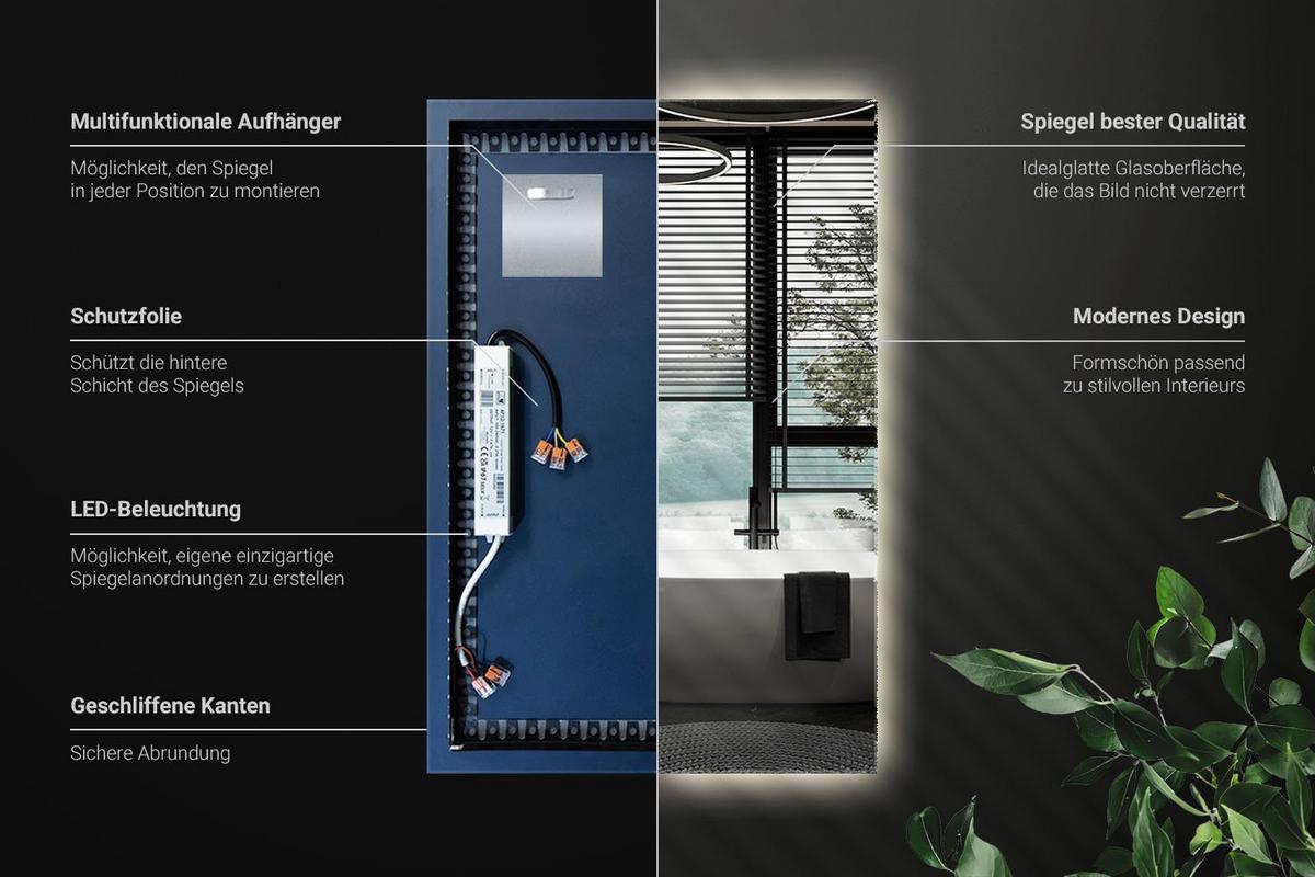 LED-SPIEGEL 60x40 cm Rechteckig Neutralweiß 4000K - Transparent, Glas (40/60/0.4cm) - Wallfluent