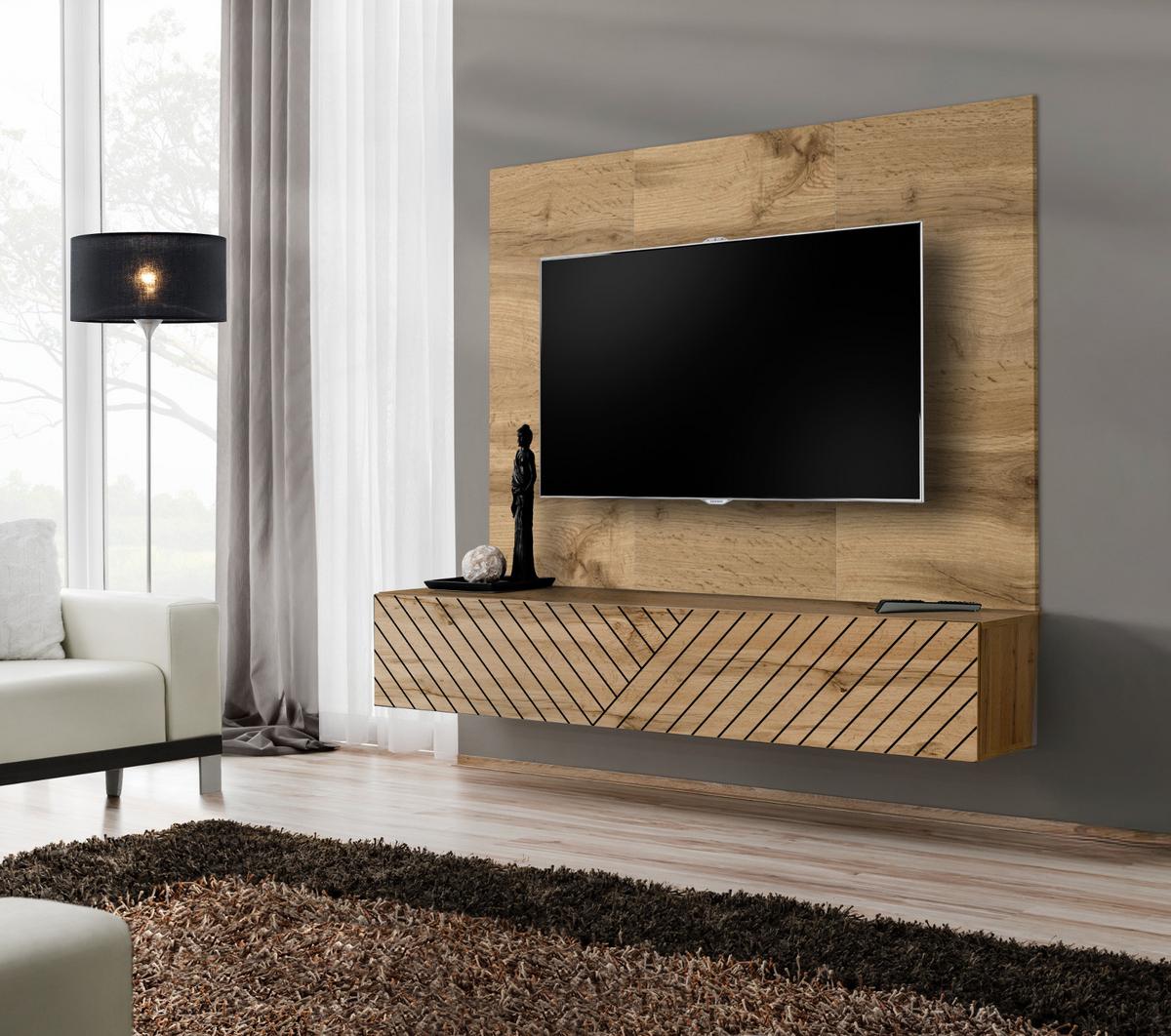 TV-LOWBOARD Eiche Wotan und schwarz 180 x 148 cm, Set hängend inklusive Akustikpaneel - Eiche Wotan/Schwarz, Holzwerkstoff (180/148/40cm) - Inn.Furn