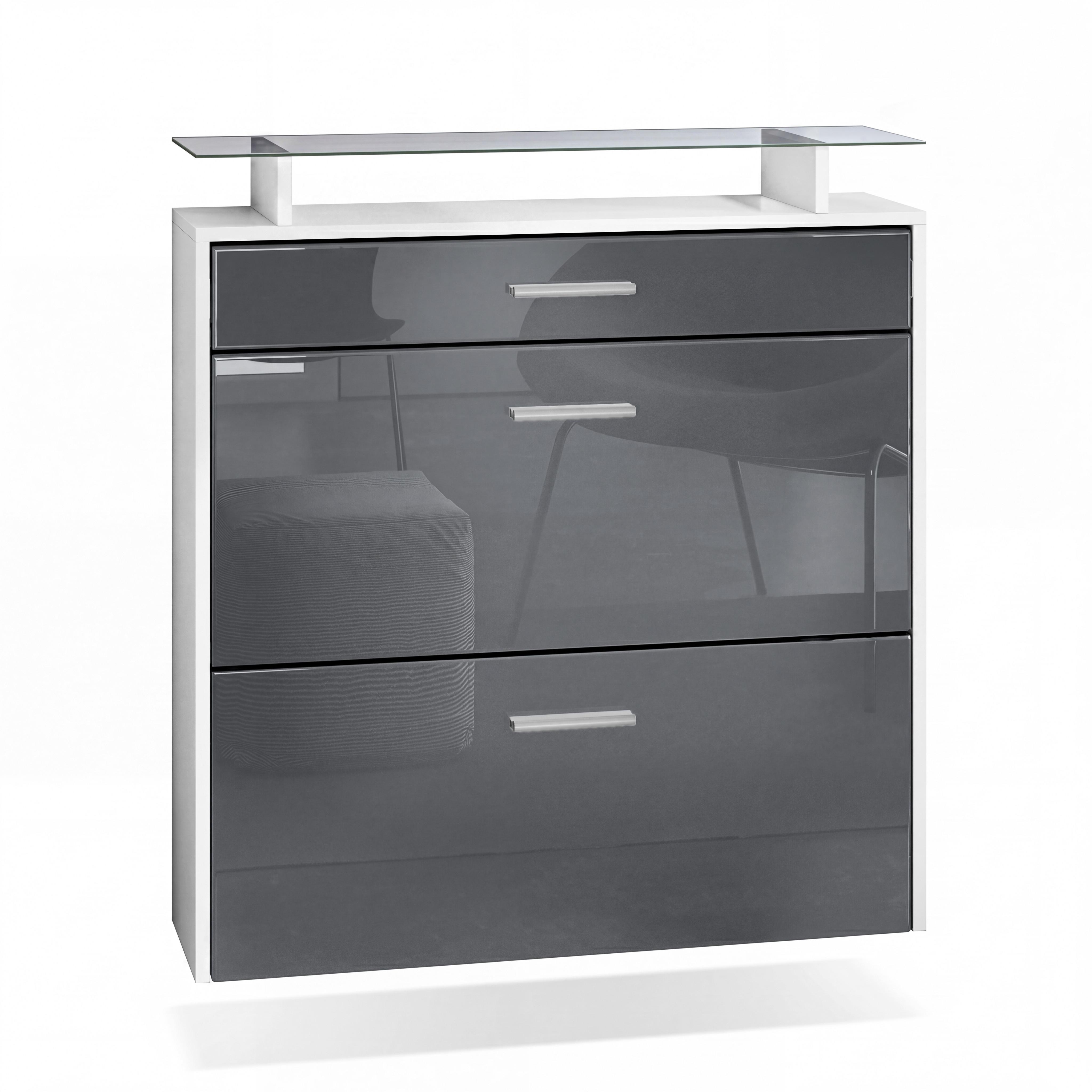 SCHUHSCHRANK Malea Front in Grau Hochglanz - Grau, Holzwerkstoff (89/96/23cm) - Vladon