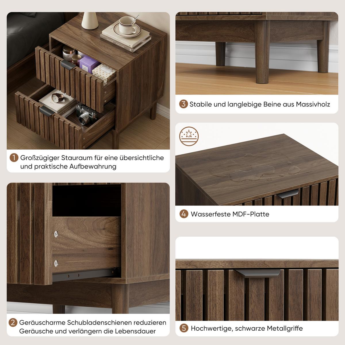 NACHTTISCH in walnuss-optik mit latten-design, 2 schubladen und massivholzbeinen - Walnussfarben, Holzwerkstoff (45/56.5/39cm) - Urban Meuble