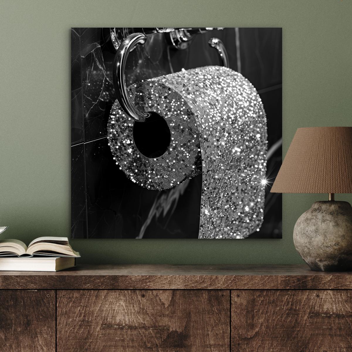 METALLBILD WC - Toilettenpapier - Schwarz und weiß - Glitter 50x50 cm - Silberfarben, Metall (50/50cm) - MuchoWow