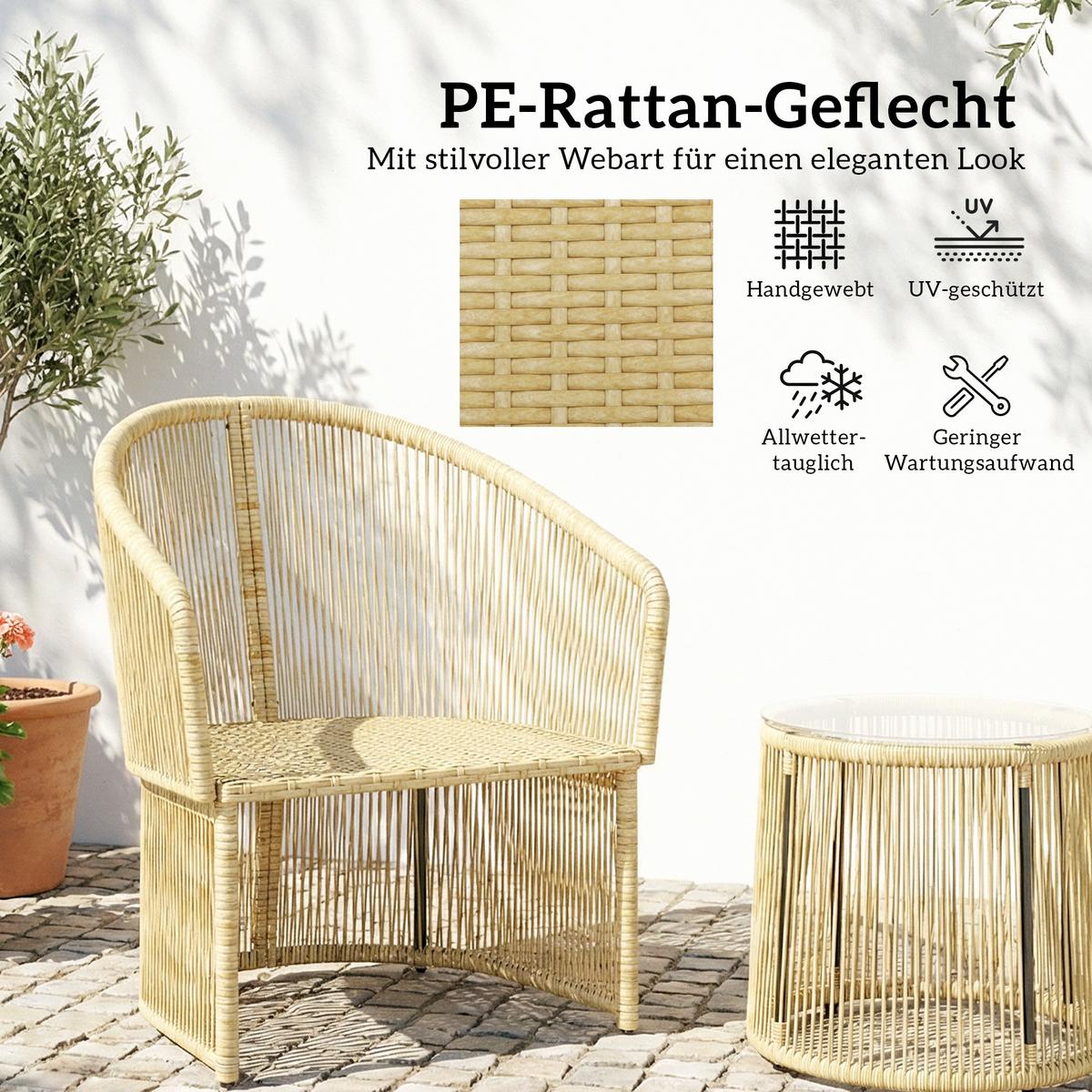 RATTAN-BISTRO-SET PE-Rattan Cremeweiß - Transparent/Creme, Kunststoff/Textil - Outsunny