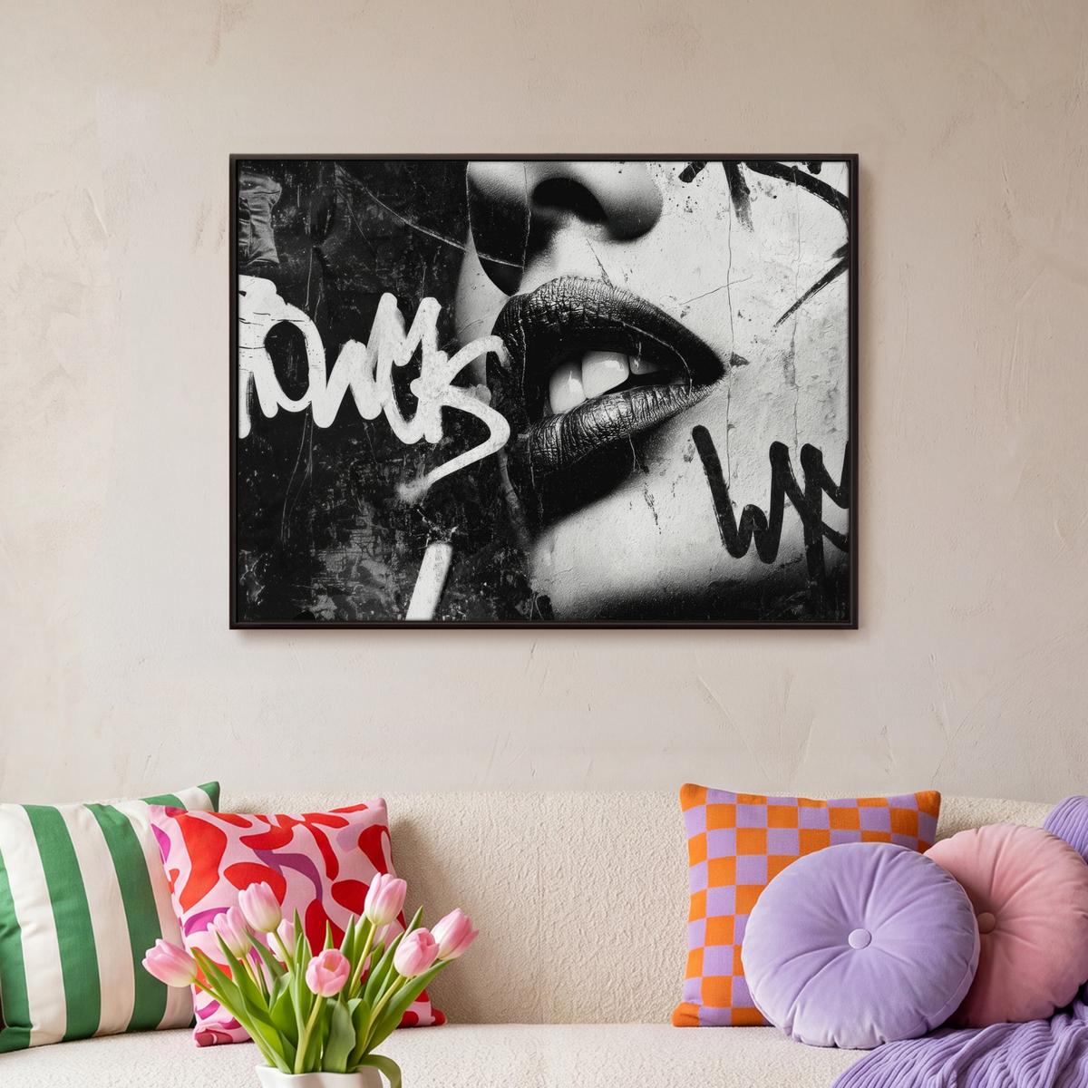 LEINWAND Bilder mit Rahmen - Gesicht - Mund - Graffiti - Schwarz - 80x60 - Schwarz, Textil (80/60cm) - MuchoWow