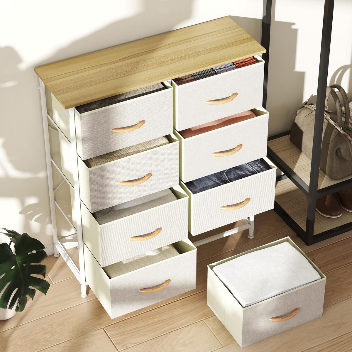 KOMMODE Schrank mit 8 Schubladen aus Stoff, Haken, Seitentasche, Stahlrahmen - Beige/Naturfarben, Holz/Textil (30/94.5/86cm) - HOMCOM