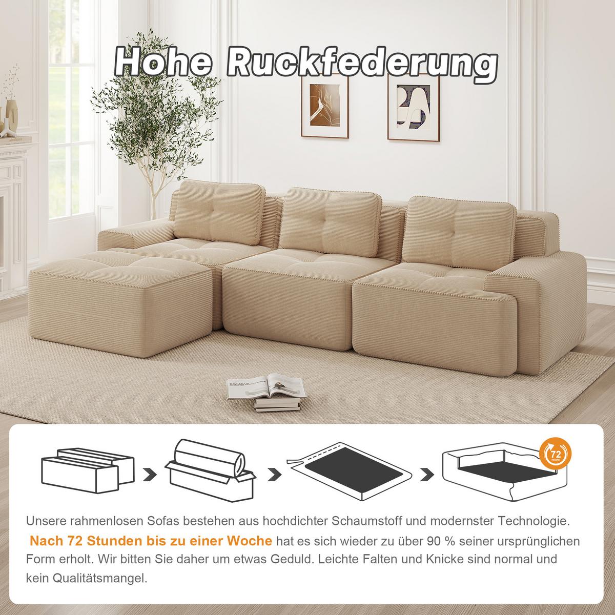 ECKSOFA Modulares Boneless L-Form Cloud-Sofa mit Ottoman Cord - Beige, Textil (293/177cm) - Urban Meuble