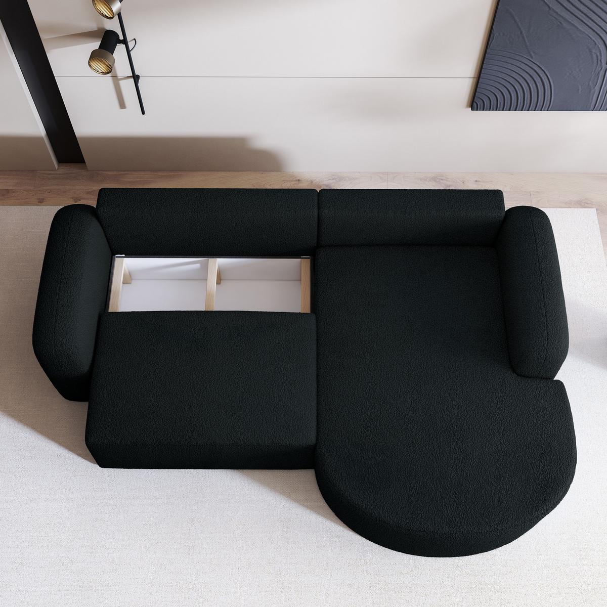 ECKSOFA AMILIA R-S Schwarz Boucle-Stoff mit Schlaffunktion - Schwarz, Holz (263/174cm) - MASSENO