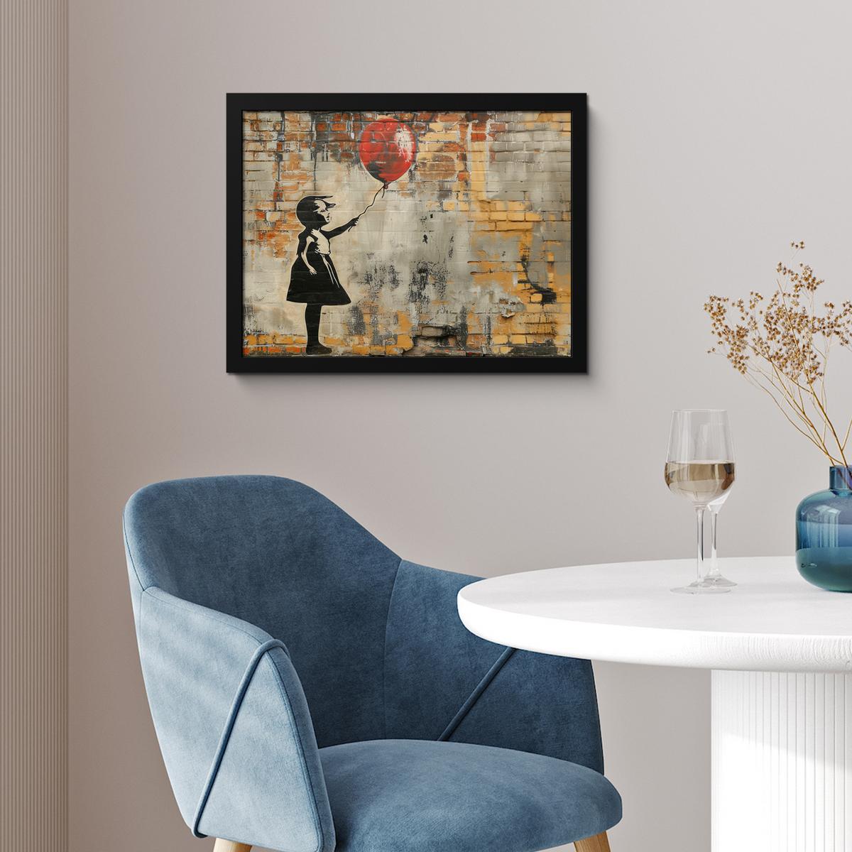 POSTER MIT RAHMENGERAHMTES BILD Graffiti - Banksy - Mädchen - Straßenkunst 40x30 cm - Sandfarben, Papier (40/30cm) - MuchoWow