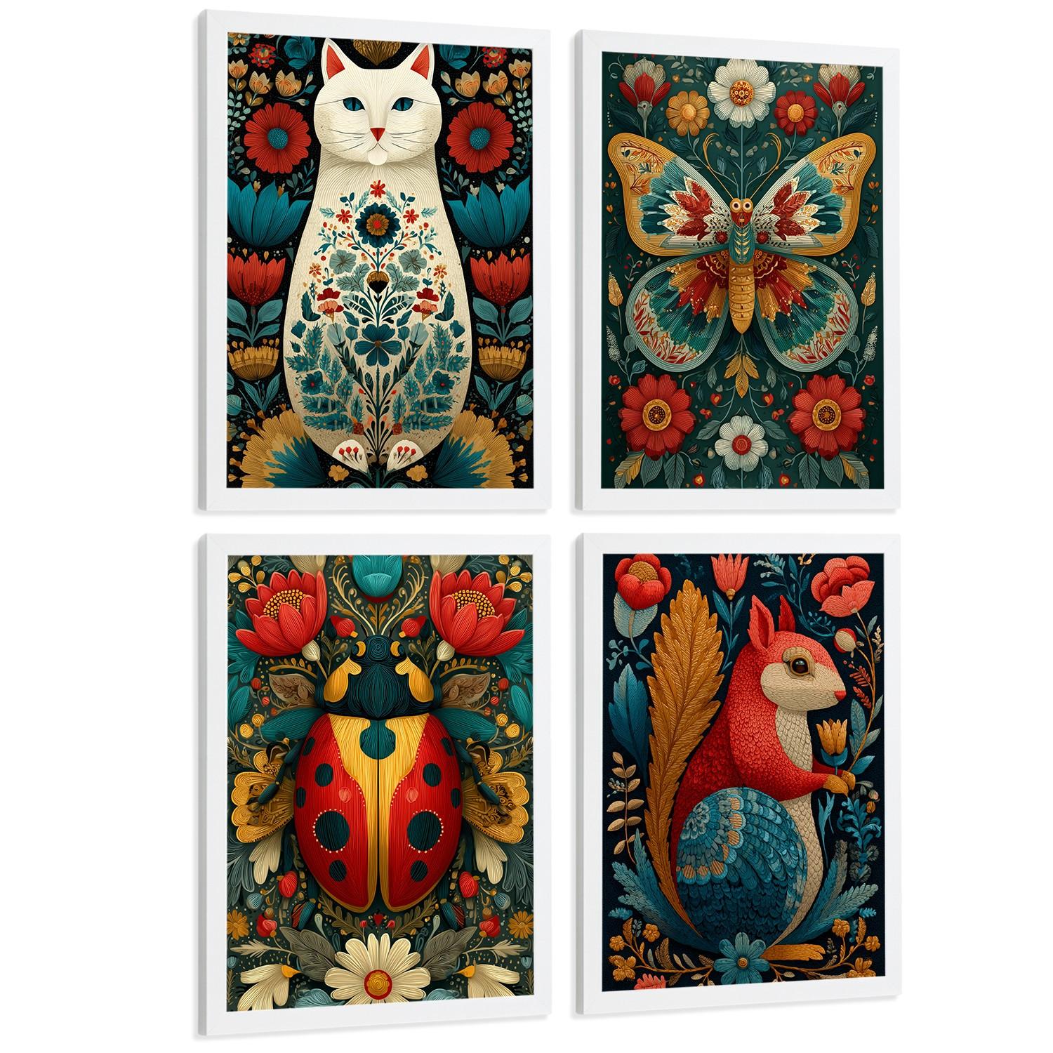 POSTER 4er-Set farbenfrohe Kunstdrucke im Folk-Art-Stil, Tiere und Blumen-Dekorationsbilder, im botanischen Stil für Wohnzimmer Weißer Rahmen A4 - Weiß, Papier (29.7/21/3cm) - Nacnic