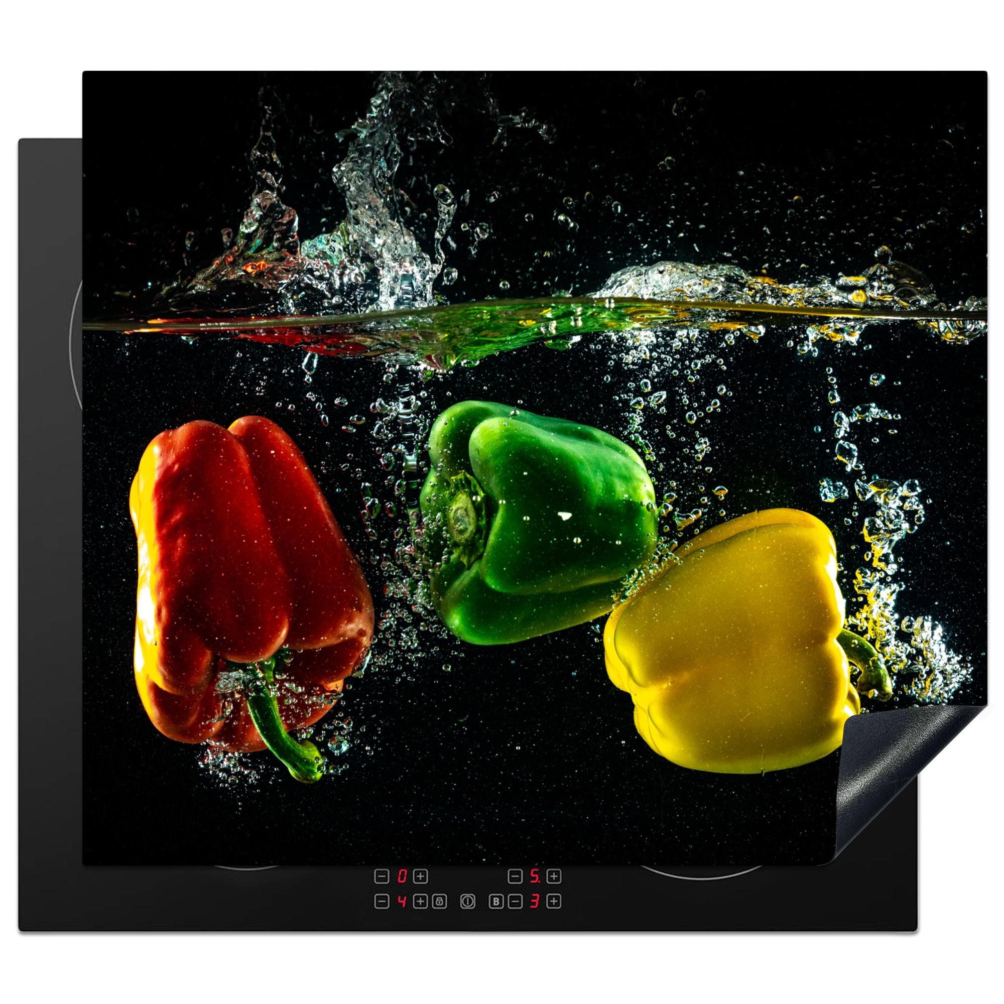 HERDABDECKPLATTE Paprika - Gemüse - Wasser - Schwarz - Rot - Grün - Gelb Ceranfeldabdeckung 59x52 cm - Multicolor, Kunststoff (59/52/0.2cm) - MuchoWow