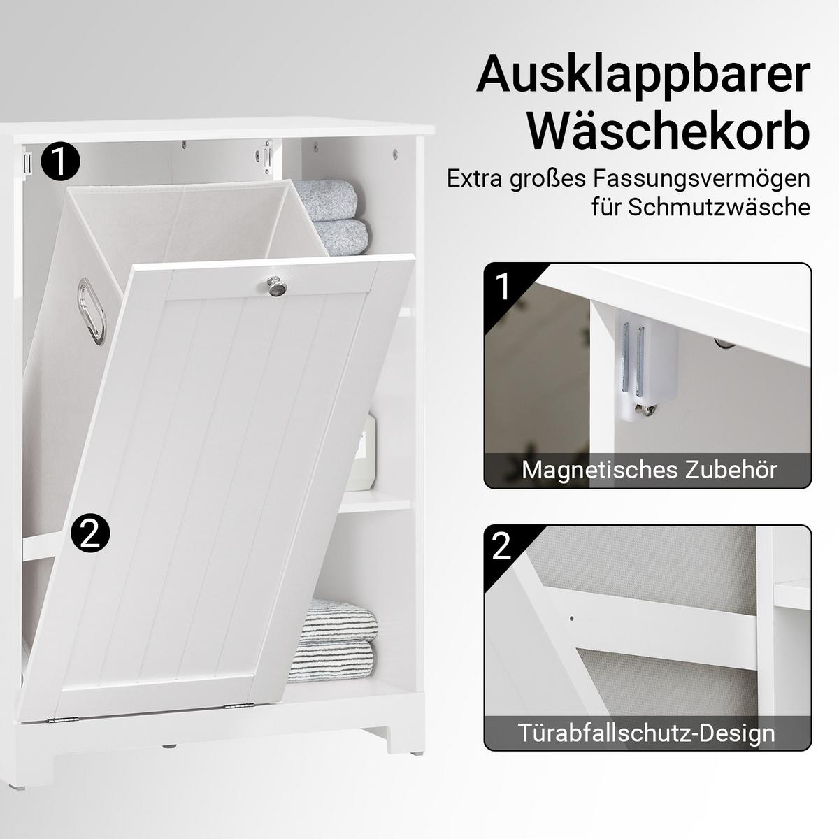 BADSCHRANK mit Wäschekorb, 60x86x37 cm, weiß, herausnehmbarer Korb, 3 offene Fächer, Bad & Waschküche - Weiß, Holzwerkstoff (60/86/37cm) - SoBuy