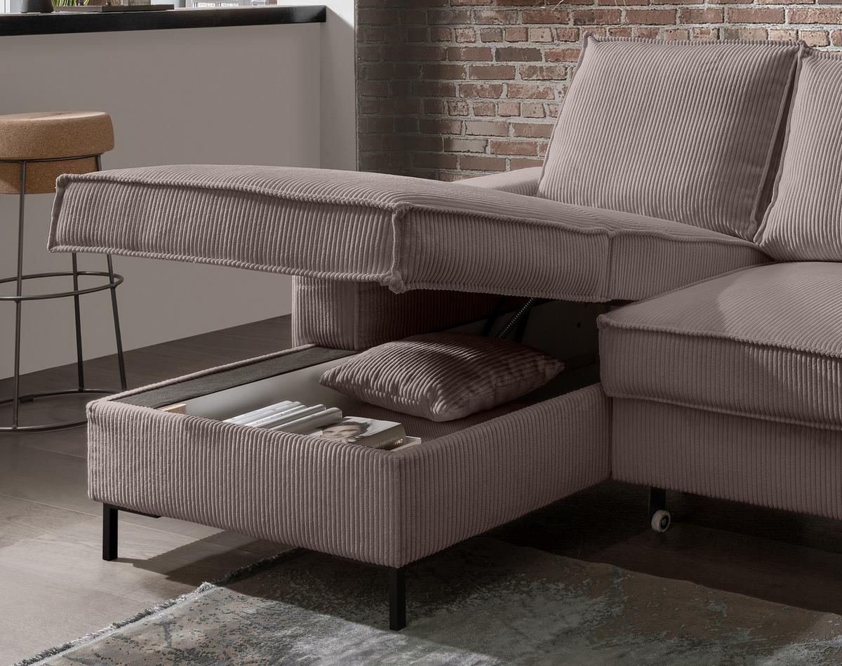 ECKSOFA mit Schlaffunktion, Bettkasten, Wellenunterfederung, Récamiere links B240/T150/H92 cm, Liegefl. 125x198 cm, Cord Braun Taupe / 17225 - Schwarz/Braun, Textil/Metall (240/150cm) - luma-home
