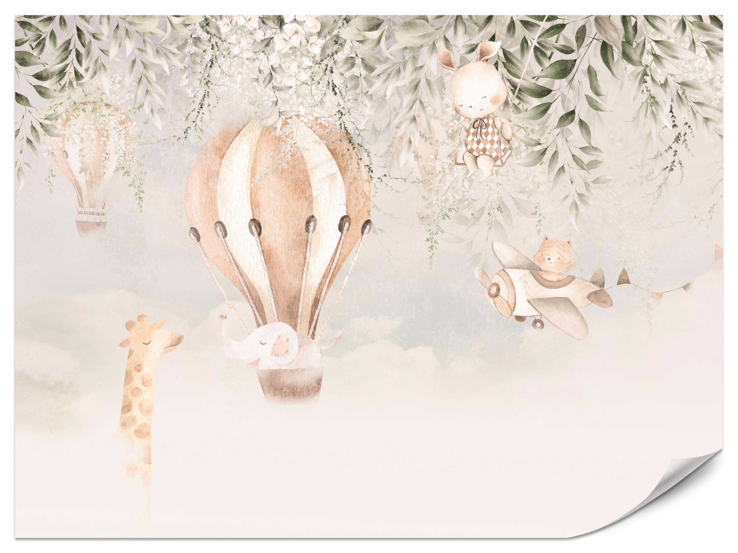 FOTOTAPETE für Kinderzimmer Tiere Wolken Ballons Giraffe Sonne 450x315 - Beige/Braun, Papier (450/315cm) - Muralo