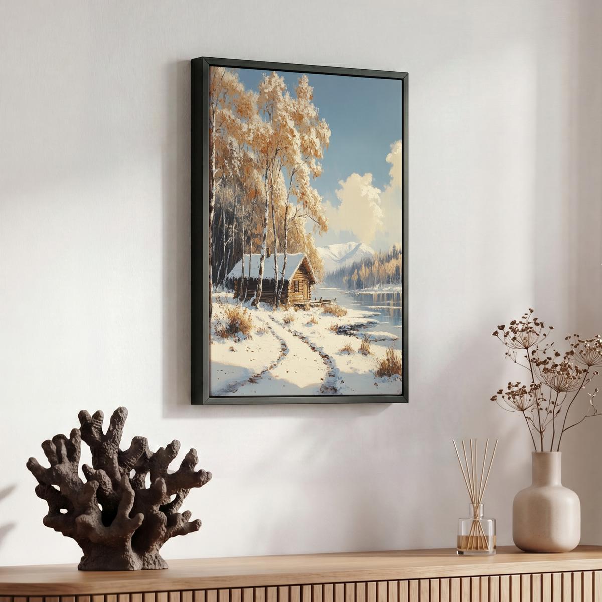 LEINWAND Bilder mit Rahmen - Winter - Schnee - Zuhause - Natur - 30x40 - Hellbraun, Textil (30/40cm) - MuchoWow
