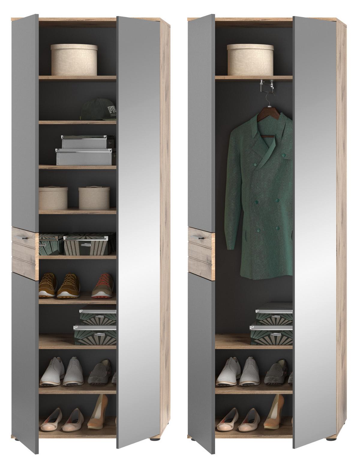 GARDEROBENSCHRANK Eiche, grau 70/200 cm mit Spiegel - Eichefarben/Schwarz, Glas/Holzwerkstoff (70/200/37cm) - Inn.Furn