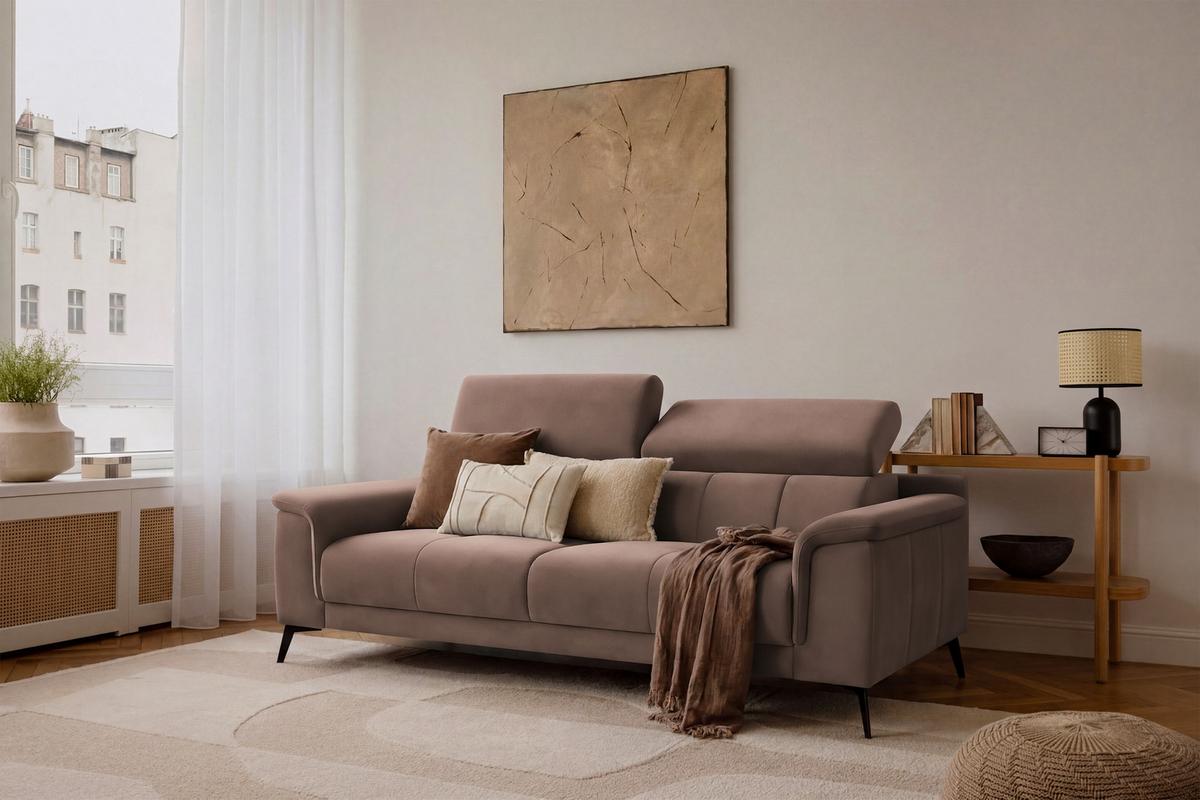 SOFA FIERO 3-Sitzer, Brauner Veloursstoff - Schwarz/Braun, Holz/Textil (212/82/103cm) - Courtois Laville