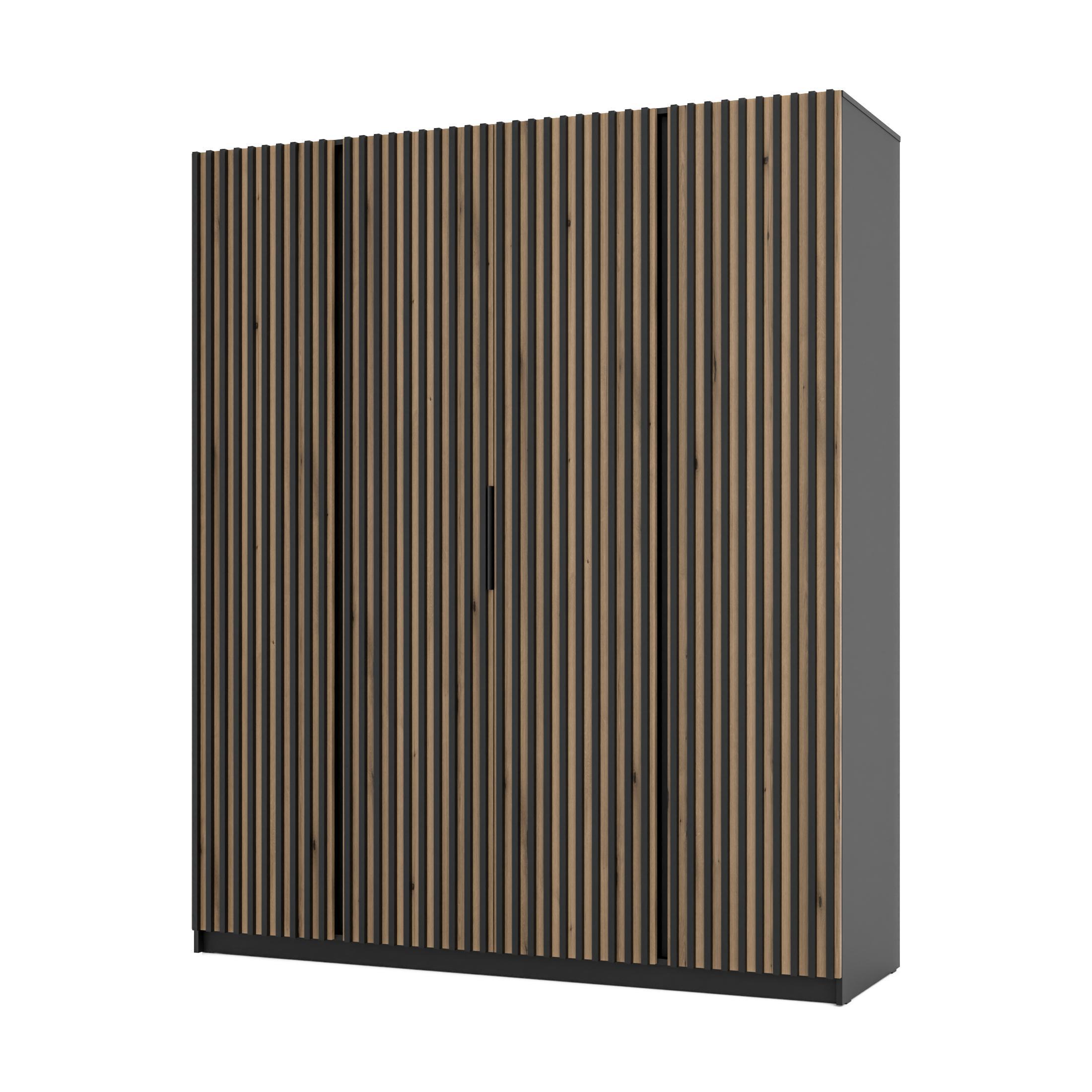 KLEIDERSCHRANK Nehir Korpus Schwarz, Front Eiche Evoke/Schwarz 200 cm - 4T Modern mit 4 Lamellentüren - Eichefarben/Schwarz, Holzwerkstoff/Kunststoff (200/239/61.9cm) - AX Living