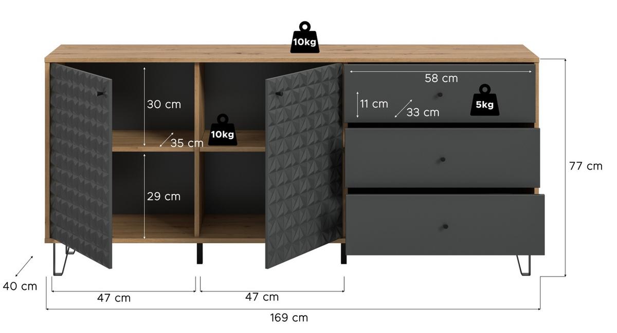 SIDEBOARD grau, Eiche Artisan 169 x 76 cm, Kommode mit 3D-Struktur - Schwarz/Eiche Artisan, Holzwerkstoff/Kunststoff (169/76/40cm) - Inn.Furn