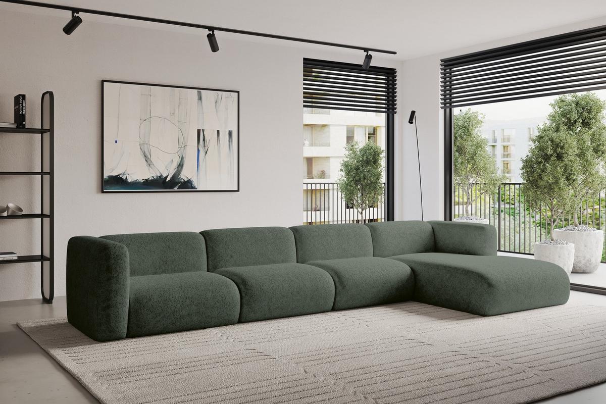 ECKSOFA Ottomane Rechts MIRA-L3 409x179x70 Grün Velours - Schwarz/Grün, Holzwerkstoff/Kunststoff (409/179cm) - ALTDECOR
