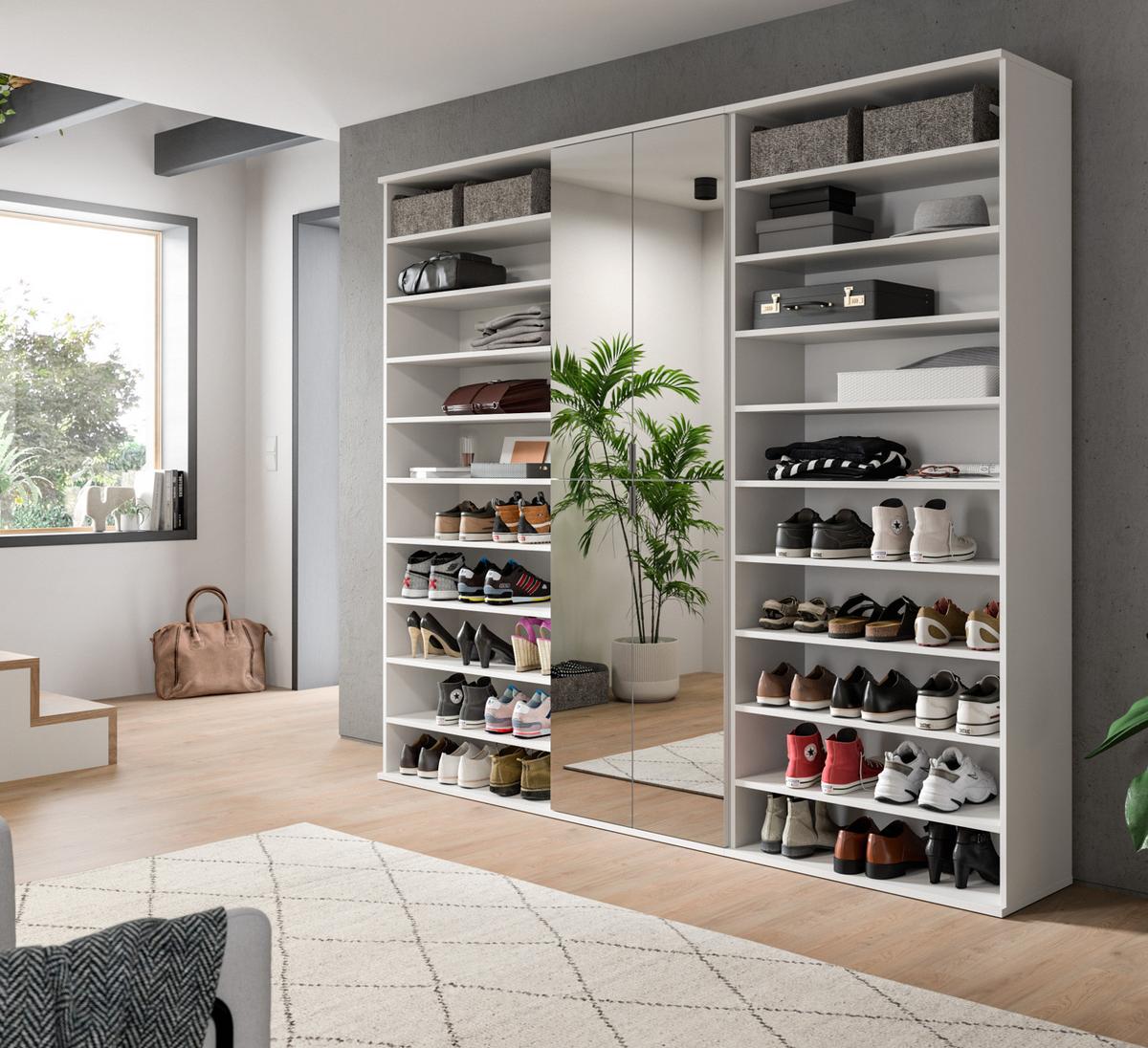 GARDEROBENSCHRANK weiß 221 cm, Schuhschrank XXL mit 29 Fächern - Chromfarben/Weiß Hochglanz, Glas/Holzwerkstoff (221/193/34cm) - Inn.Furn