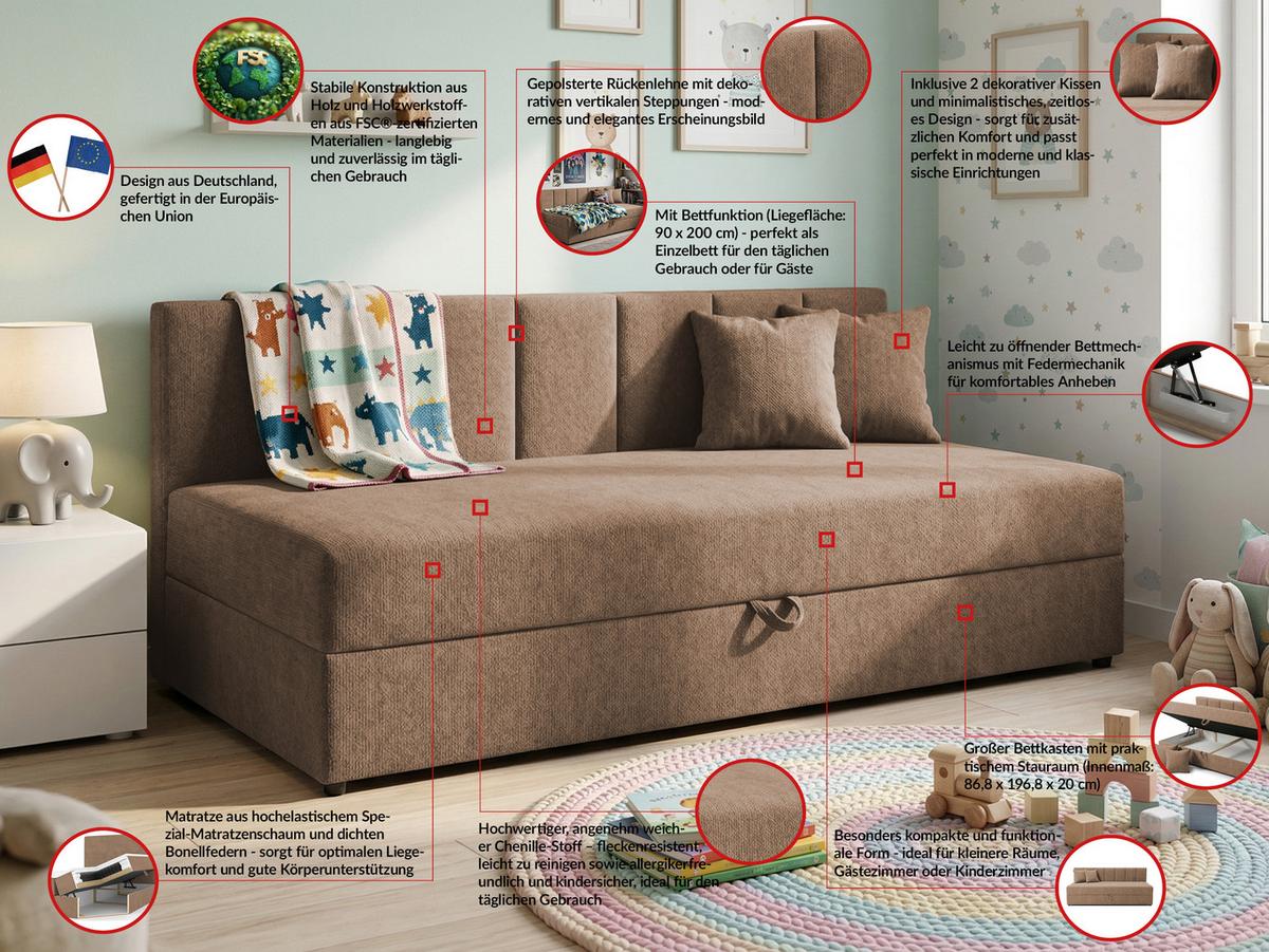 TAGESBETT Lenny mit Rückenlehne und großem Bettkasten aus Braun Chenille-Stoff - Schwarz/Braun, Holz/Kunststoff (90/200cm) - S-Style Möbel
