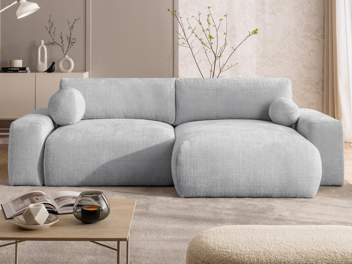 ECKSOFA Puffy mit Schlaffunktion und Bettkasten - besonders weich und puffig aus Hellgrau Chenille-Stoff - Ottomane rechts - Hellgrau/Schwarz, Holz/Kunststoff (266/138cm) - S-Style Möbel