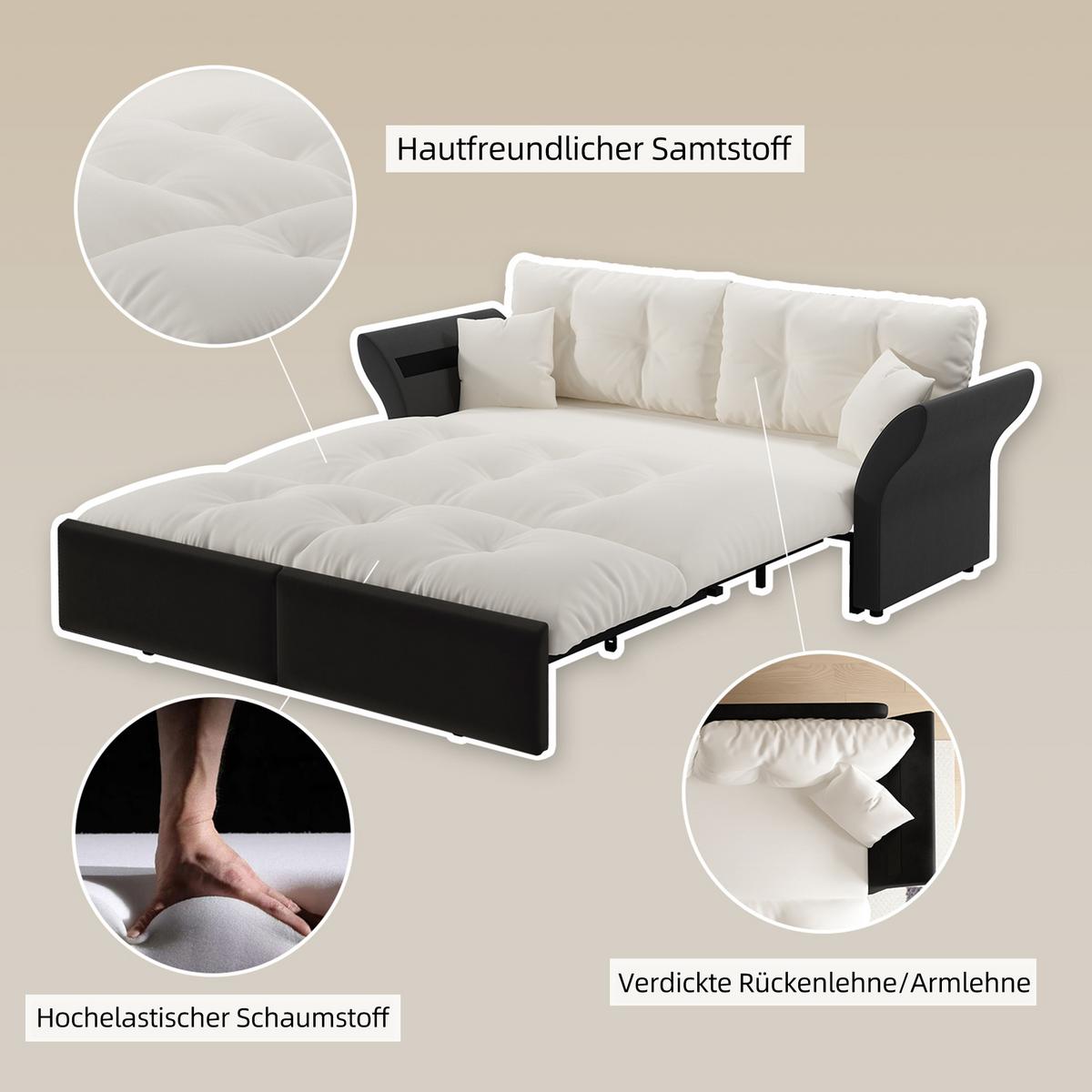 SCHLAFSOFA aus velours im tufting-design, 3-in-1 funktion und queen-size bett - Beige, Textil (190/91/85cm) - Urban Meuble