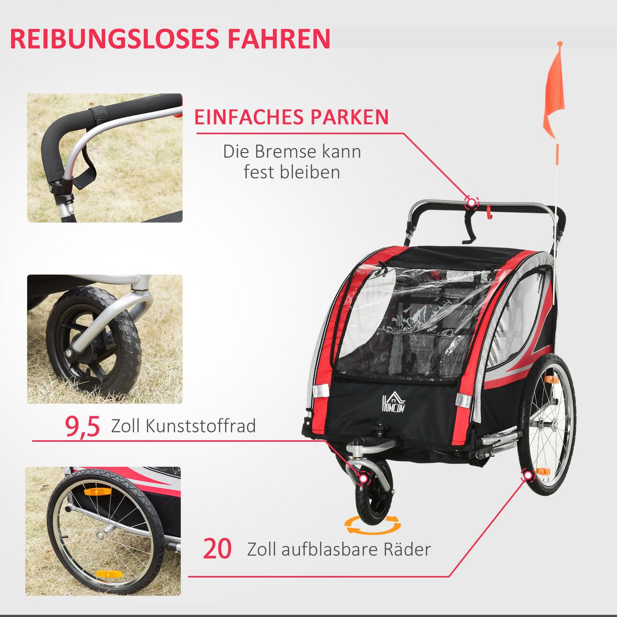 2 in 1 Kinderfahrradanhänger, Kinderanhänger, Fahrradanhänger, Rot - Rot, Metall (75/101/142cm) - HOMCOM