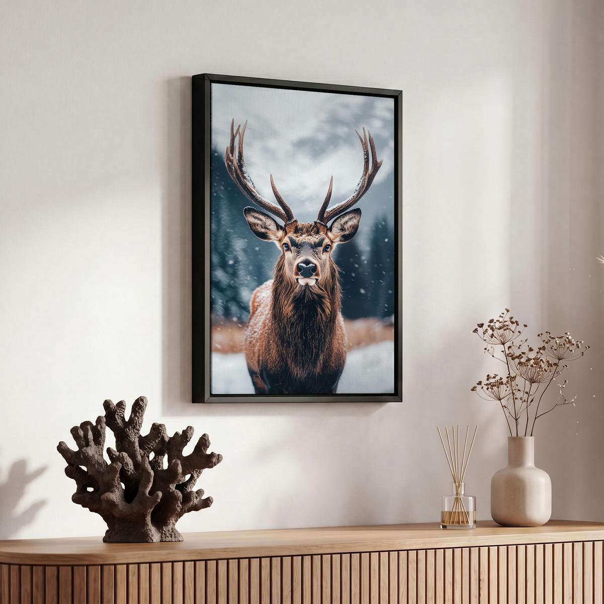 LEINWAND Bilder mit Rahmen - Hirsche - Tiere - Landschaft - Winter - Schnee - 20x30 - Kastanienfarben, Textil (20/30cm) - MuchoWow
