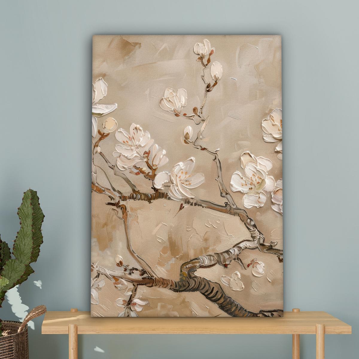 LEINWANDBILD Blumen - Modern - Beige - Weiß - Blüte Wanddeko Schlafzimmer 60x90 cm - Beige, Textil (60/90cm) - MuchoWow