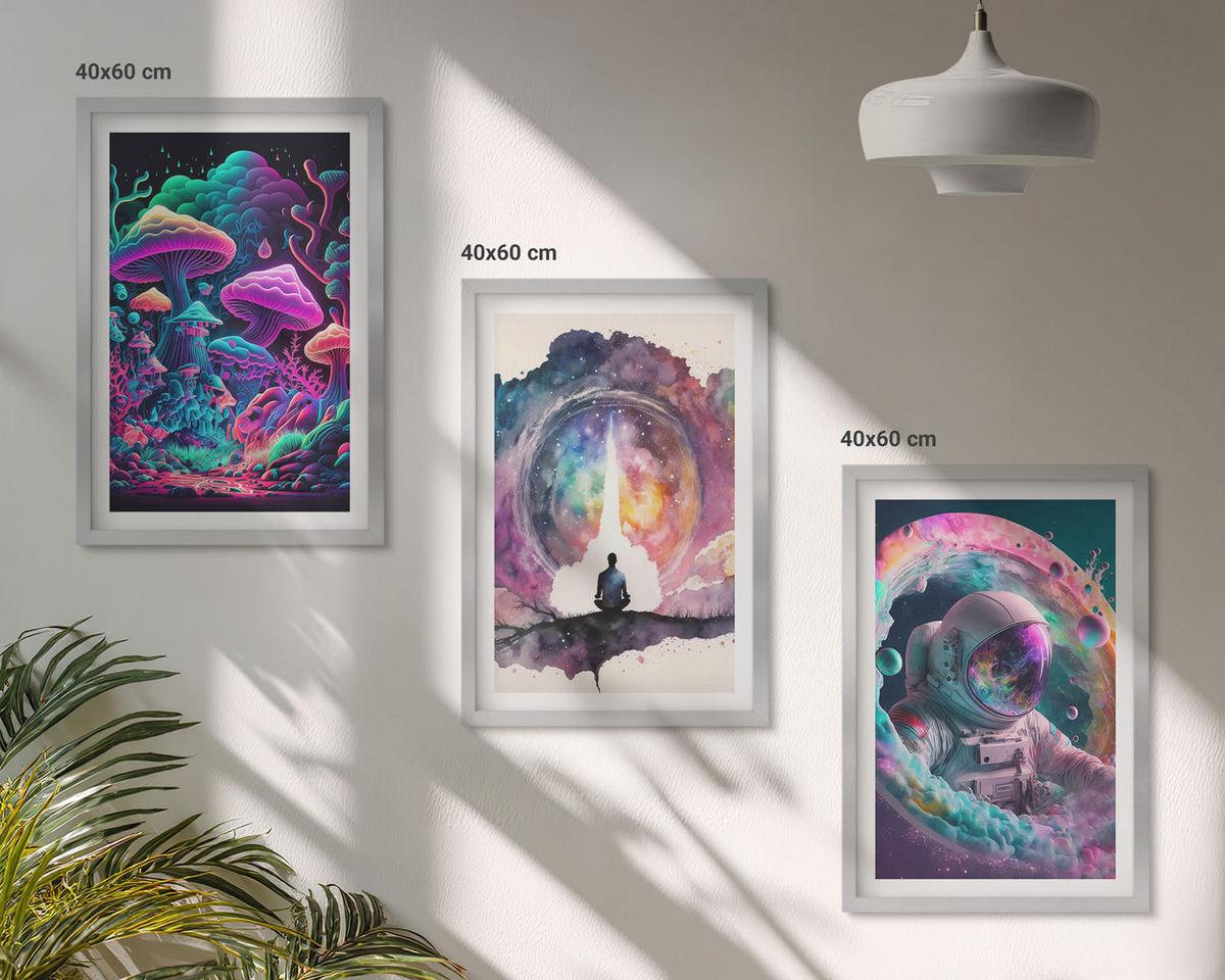 BILDER SET 3er Set - 40x60 cm Silberner Rahmen - Farbenfrohe Fantasy-Kunstillustrationen - Silberfarben, Kunststoff (40/60cm) - TULUP