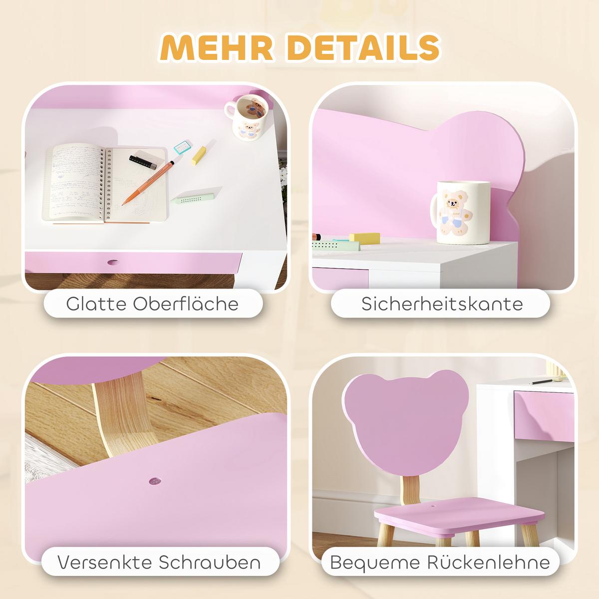 KINDERSCHREIBTISCH Set mit Tischplatte & Schublade Kinder Schreibtisch und Stuhl - Rosa, Holz (41/74.5/80cm) - AIYAPLAY