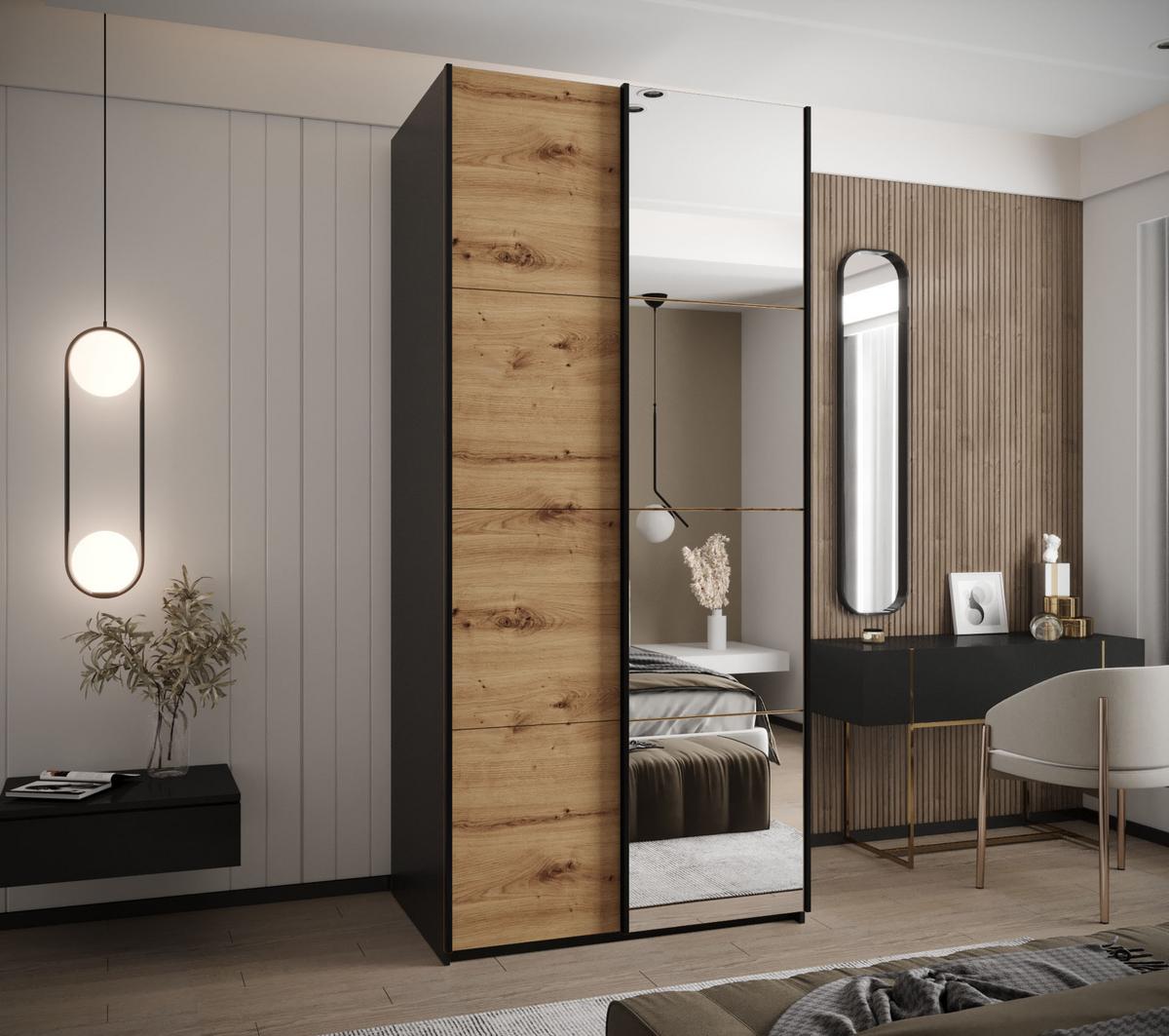 SCHWEBETÜRENSCHRANK 245,5/110/64 2-türig - Schwarz/Eiche Artisan, Holz/Metall (110/245/64cm) - Abiks Möbel