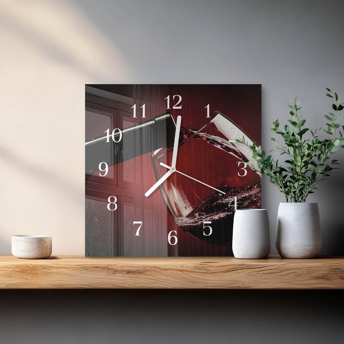 WANDUHR aus Glas 30x30 cm - Weinglas - Rot, Glas (30/30/0.4cm) - TULUP