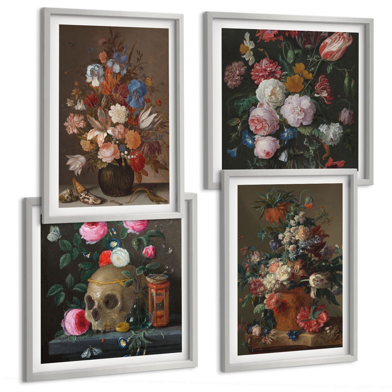 BILDER SET 4er Set - 50x50 cm & 40x60 cm Silberner Rahmen - Blumenarrangements in Vasen - Silberfarben, Kunststoff (50/50cm) - TULUP