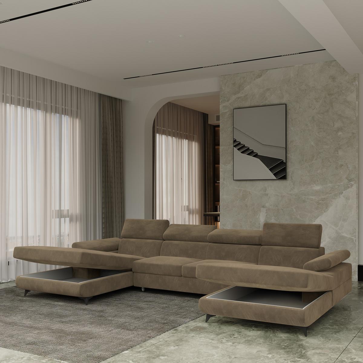 WOHNLANDSCHAFT DETTI Beige Velours-Stoff mit Schlaffunktion - Beige, Holz (339/89/190cm) - MASSENO