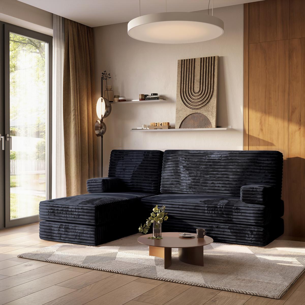 ECKSOFA NOTIA modulares Boneless Sofa mit Schlaffunktion Schwarz Kordstoff - Schwarz, Textil (200/120cm) - MASSENO