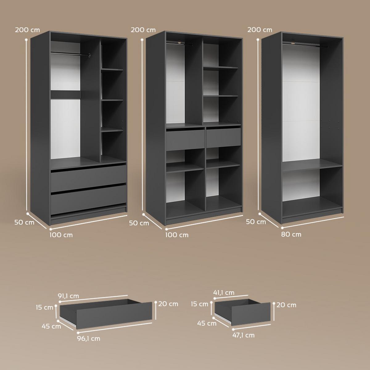 KLEIDERSCHRANK Trento Anthrazit 3er Set - Anthrazit, Holzwerkstoff (100/200/50cm) - Livinity®