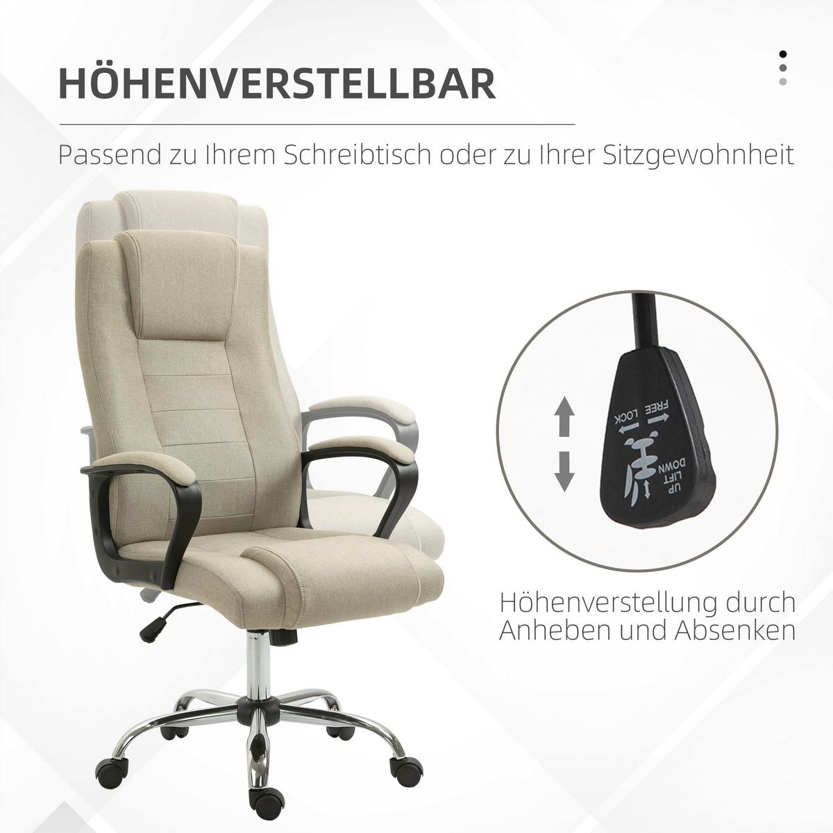 BÜROSTUHL, Ergonomisch Schreibtischstuhl mit Kopfstütze, Leinenoptik Beige - Beige, Kunststoff (62/119/76cm) - Vinsetto