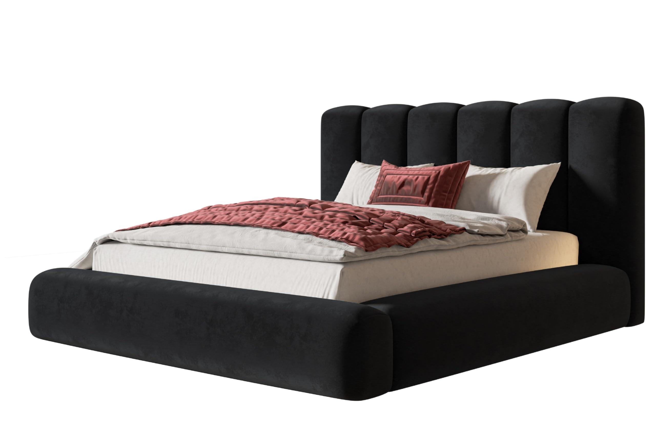BETT 140x200 - Polsterbett mit Bettkasten und Metallrahmen - Modern Bett - Eleganter Amor-Velvet-Stoff - Kollektion Alva Maxi - Schwarz - Schwarz, Holz/Textil (140/200cm) - Alpi-Möbel