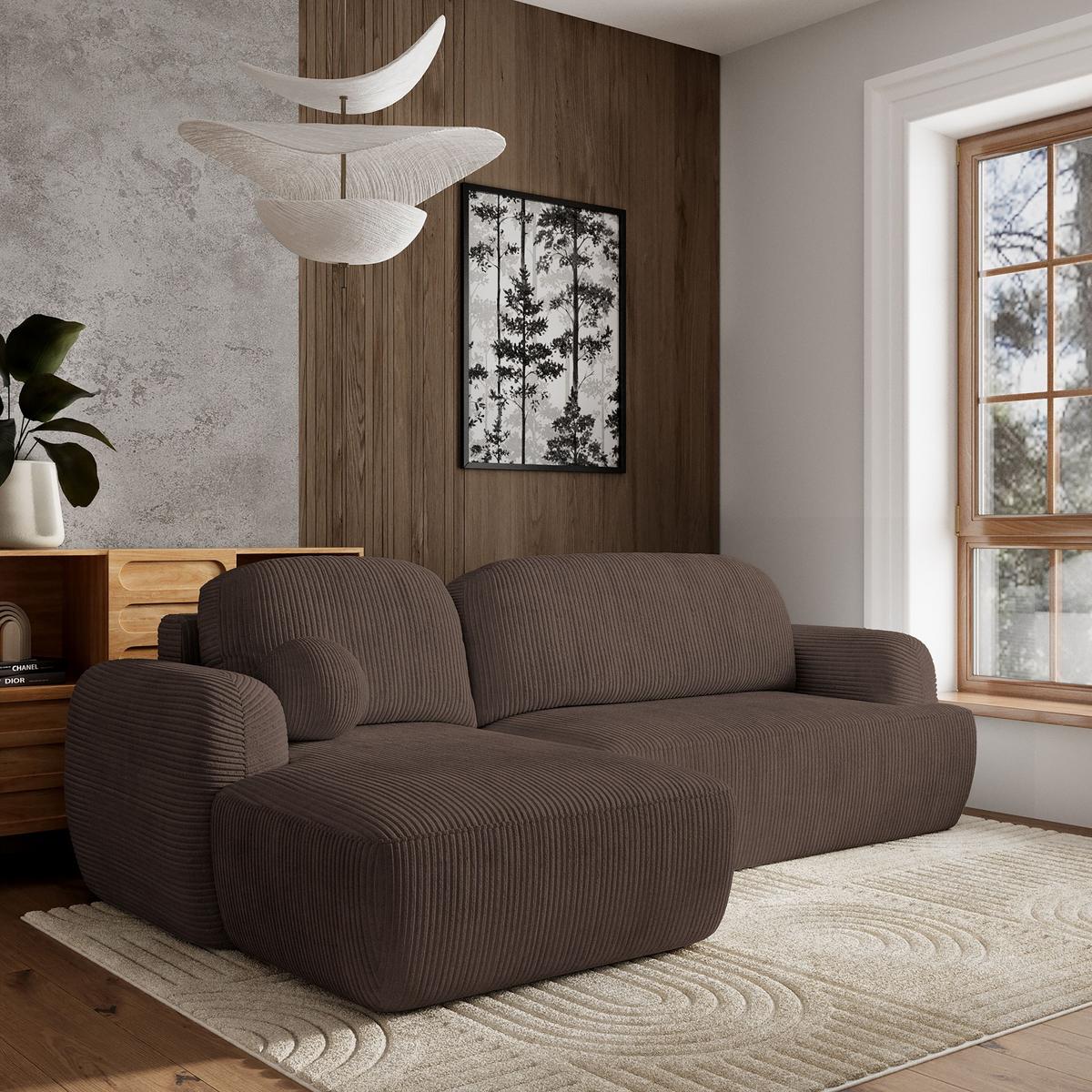 ECKSOFA MODENZA P L-S Braun Kordstoff mit Schlaffunktion - Schwarz/Braun, Holz/Kunststoff (266/148cm) - MASSENO