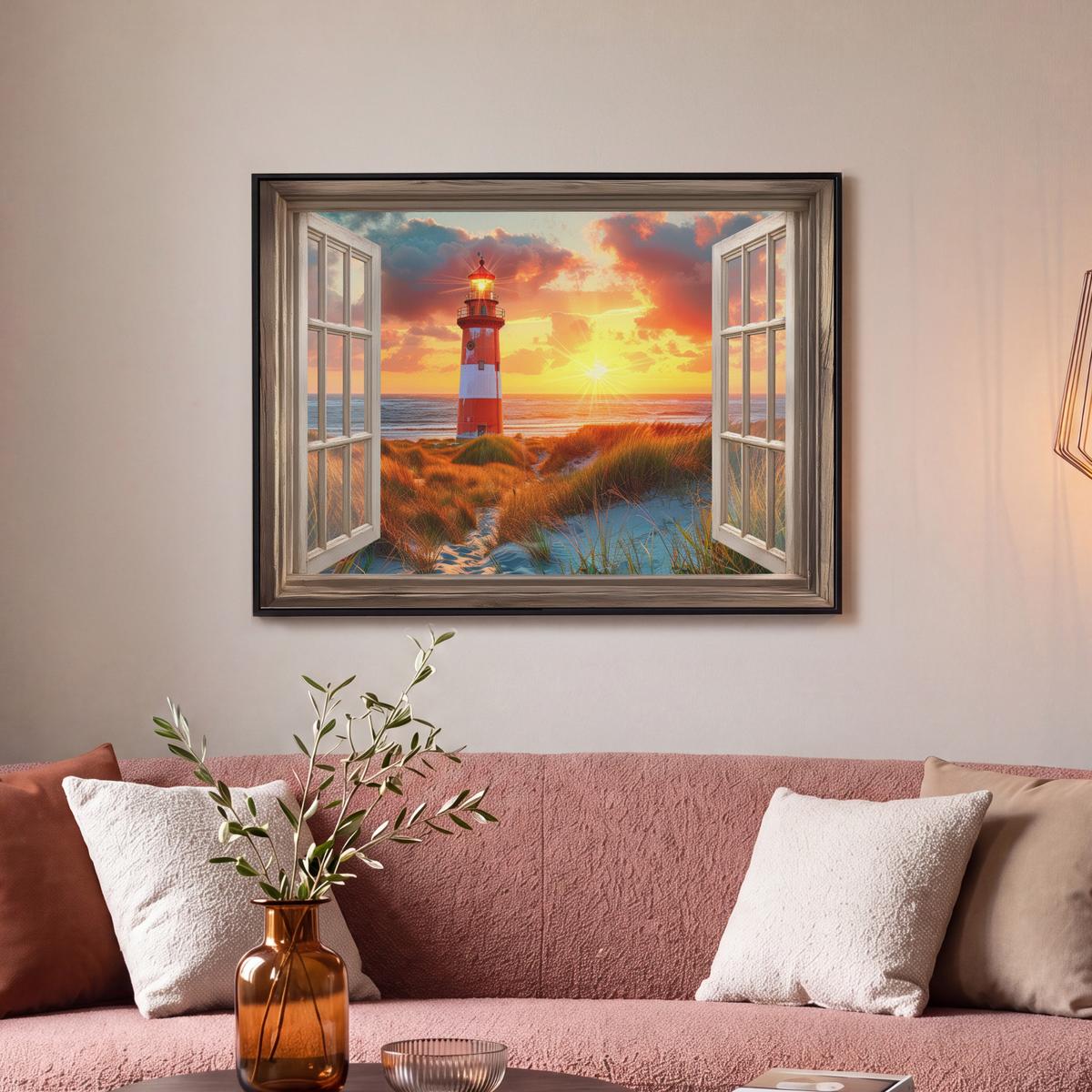 LEINWAND Bilder mit Rahmen - Aussicht - Fenster - Leuchtturm - Sonnenuntergang - Strand - 70x50 - Dunkelorange, Textil (70/50cm) - MuchoWow