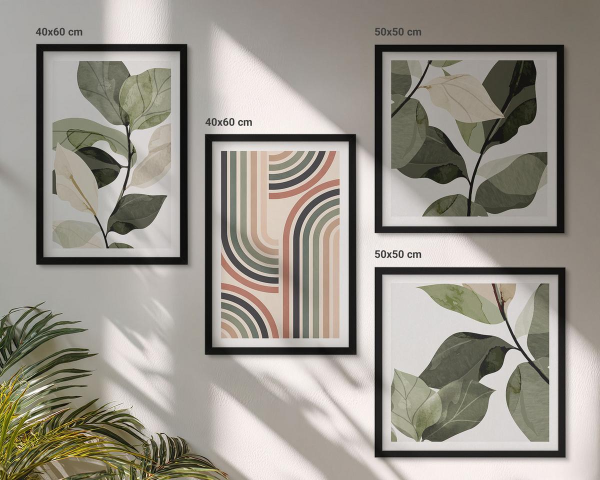 BILDER SET 4er Set - 50x50 cm & 40x60 cm Schwarzer Rahmen - Geometrische Pflanzenmotive - Schwarz, Kunststoff (50/50cm) - TULUP
